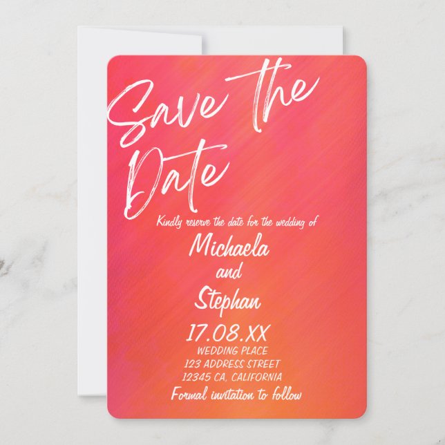 Invitación de boda moderna puesta del sol rosa y n (Anverso)