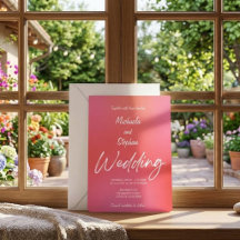 Invitación de boda moderna puesta del sol rosa y n