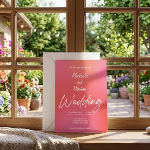 Invitación de boda moderna puesta del sol rosa y n