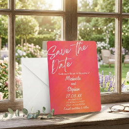 Invitación de boda moderna puesta del sol rosa y n