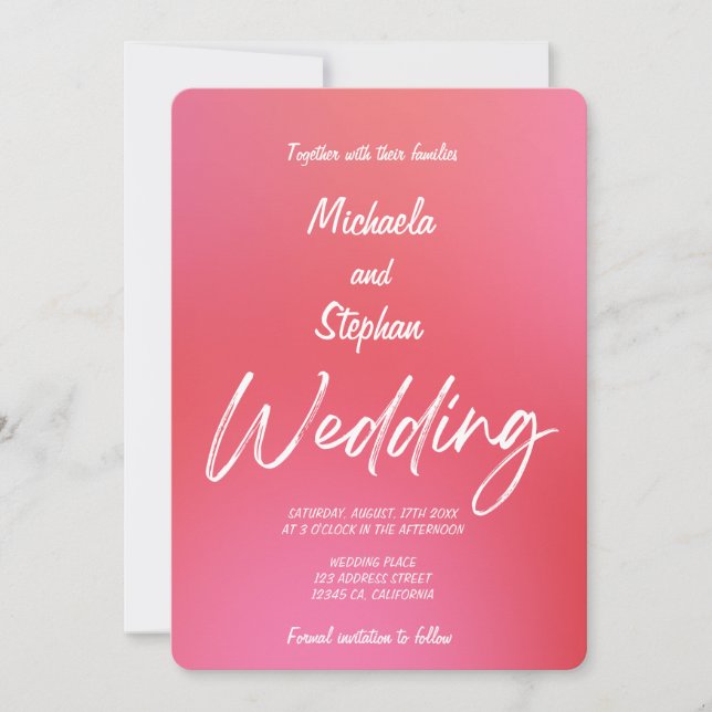 Invitación de boda moderna puesta del sol rosa y n (Anverso)