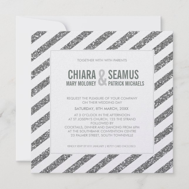 INVITACIÓN DE BODA MODERNA raya purpurina plata (Anverso)