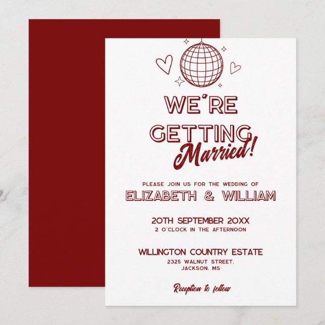 Invitación de boda moderna roja retro disco groovy (Anverso / Reverso)