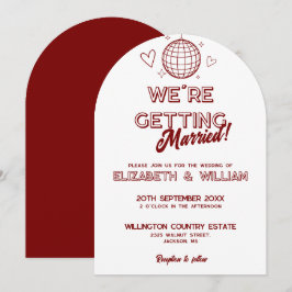 Invitación de boda moderna roja retro disco groovy