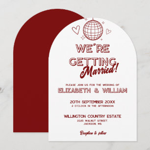 Invitación de boda moderna roja retro disco groovy