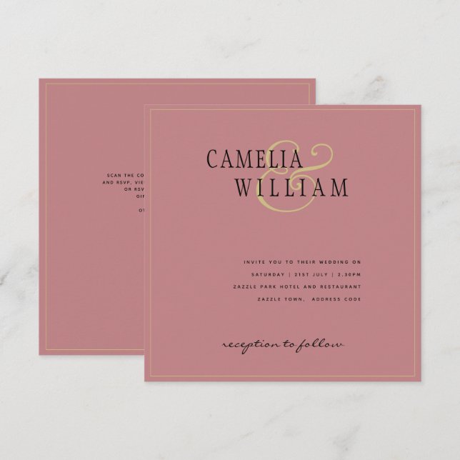 Invitación de Boda Moderna Rosa Polvo Rosa (Anverso / Reverso)