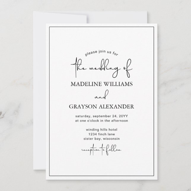 Invitación de boda moderna simple con letras a man (Anverso)