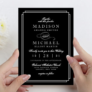 Invitación de boda moderna simple en blanco y negr