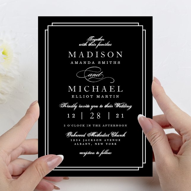 Invitación de boda moderna simple en blanco y negr (Simple Black and White Modern Wedding Invitation)