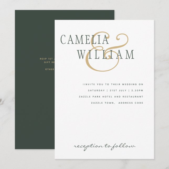 Invitación de boda moderna tendencia musgo verde d (Anverso / Reverso)
