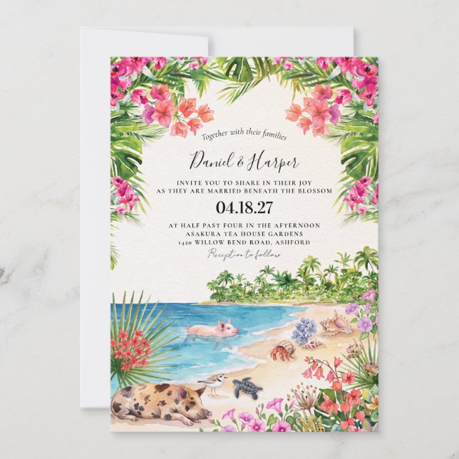 Invitación de boda moderna tropical de Bahamas (Anverso)