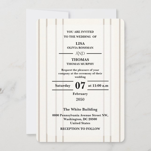 Invitación de boda moderna y elegante a rayas (Anverso)
