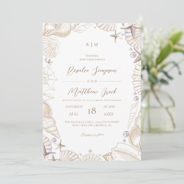 Invitación de boda moderna y elegante con conchas  (Anverso de pie)