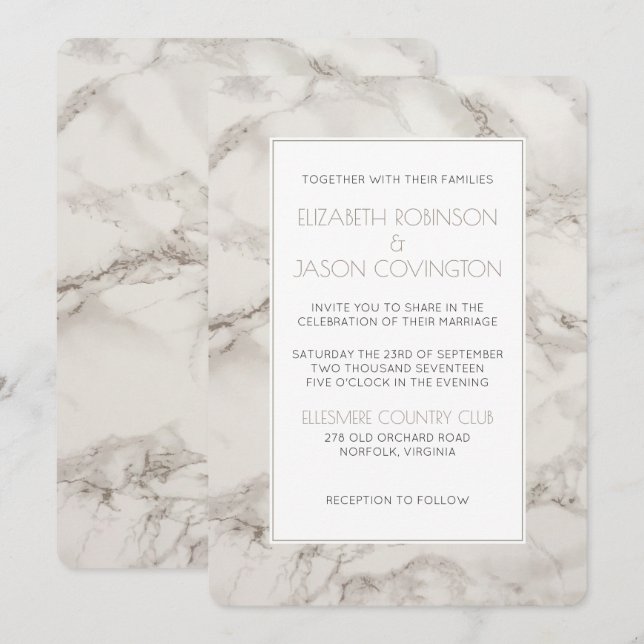 Invitación de boda moderna y elegante de mármol fa (Anverso / Reverso)