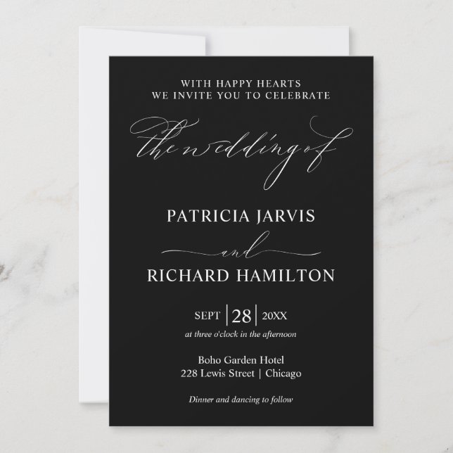 Invitación de boda moderna y elegante en blanco y  (Anverso)