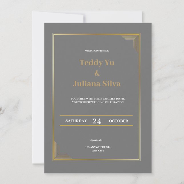 Invitación de boda moderna y elegante en oro gr (Anverso)