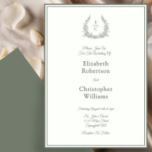 Invitación de Boda Monograma Crest Marfil y Verde