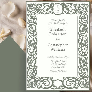 Invitación de Boda Monograma Cresta Marfil y Verde
