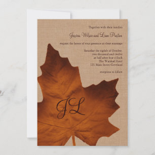 Invitación de boda monograma en arpillera naranja