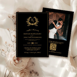 Invitación de boda Monograma QR Cresta Dorada Negr