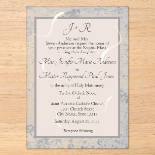 Invitación de boda monogramada con mármol rosa y g