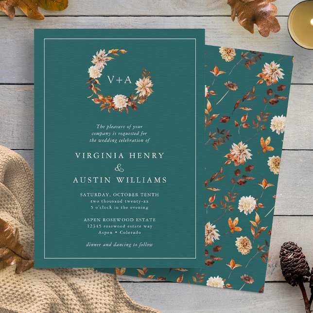 Invitación de Boda Monogramada Turquesa (Teal Fall Floral Wreath Monogrammed Wedding Invitation by Painted Paperie
)