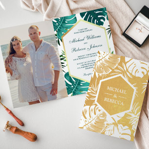 Invitación de boda Monstera blanca con hoja de oro
