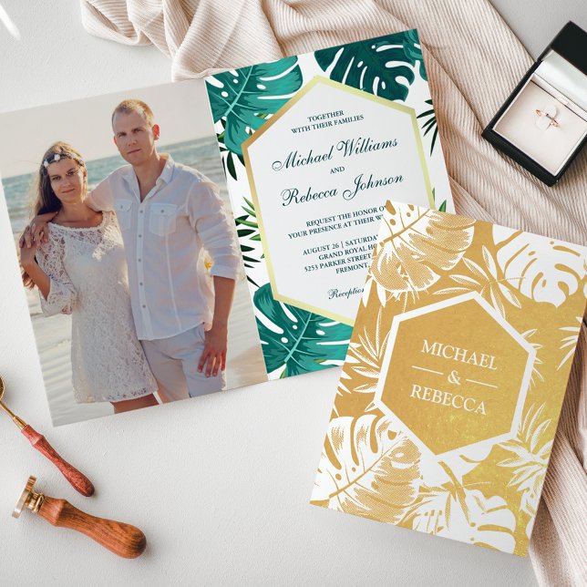 Invitación de boda Monstera blanca con hoja de oro (Subido por el creador)