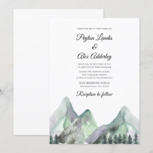 Invitación de boda Montañas Aquarela Verde Púrpura