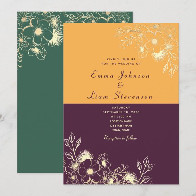 Invitación de boda morada ciruela (Anverso / Reverso)