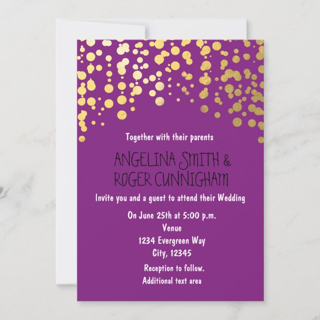Invitación de boda morada con puntos de confeti de (Anverso)