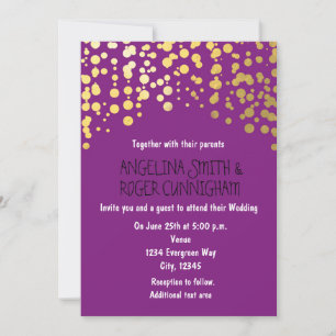 Invitación de boda morada con puntos de confeti de