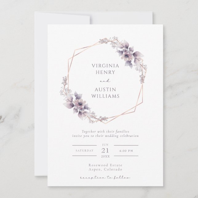 Invitación de boda morada elegante (Anverso)