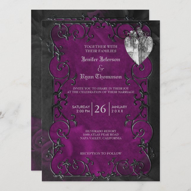 Invitación de boda morada elegante gótica de Hallo (Anverso / Reverso)