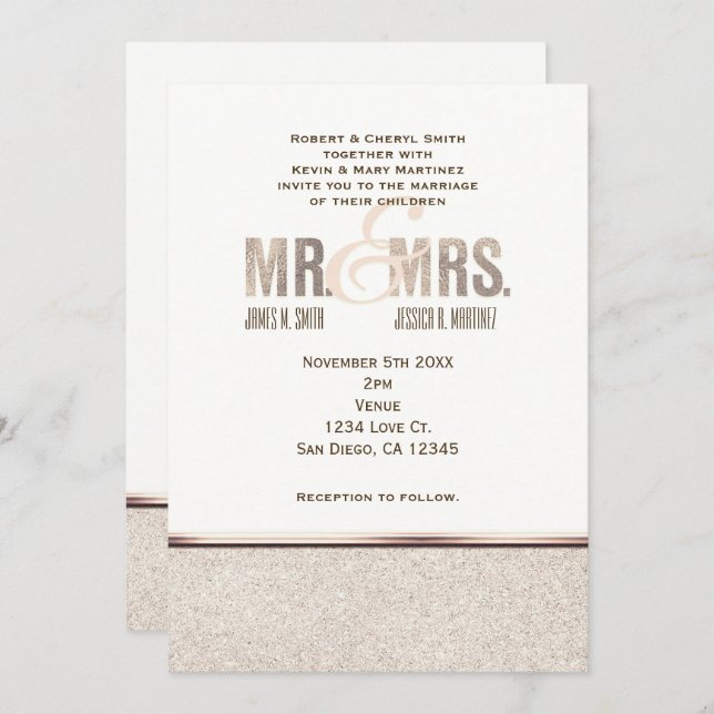 Invitación de boda Mr. & Mrs. Champán Brillo (Anverso / Reverso)