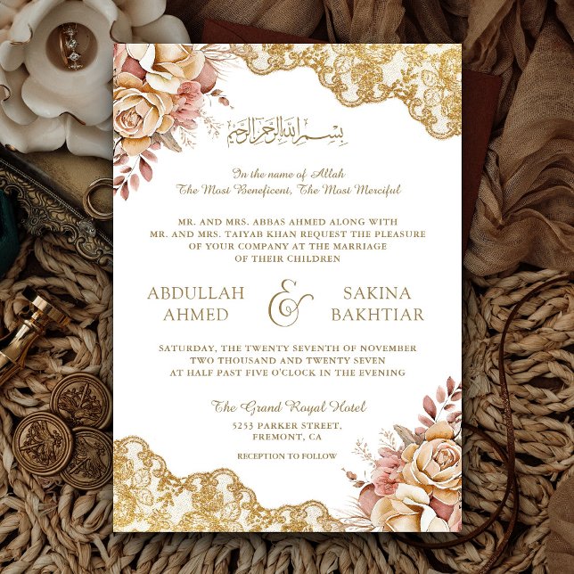 Invitación de Boda Musulmana con Encaje Dorado Flo (Subido por el creador)