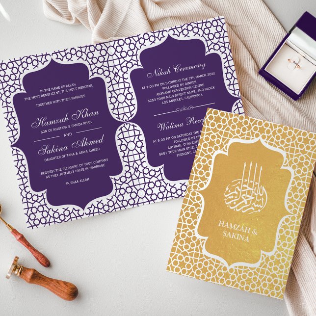 Invitación de boda musulmana con papel de oro púrp (Subido por el creador)