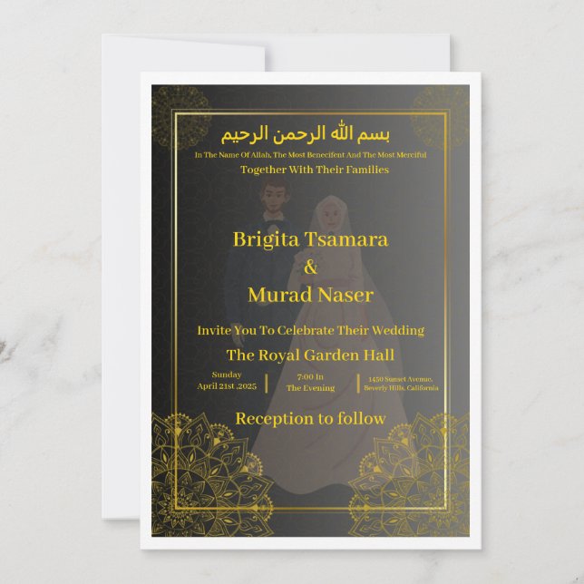 Invitación de boda musulmana de lujo en negro y do (Anverso)