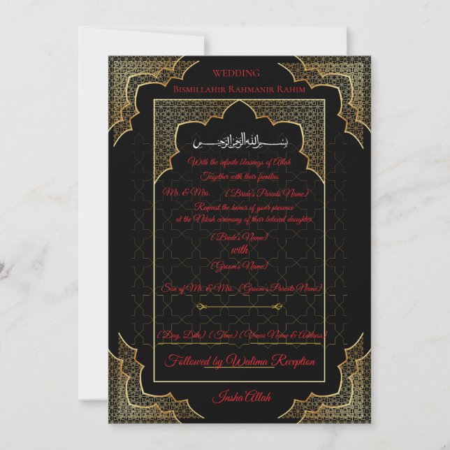 Invitación de boda musulmana de lujo en negro y do (Anverso)