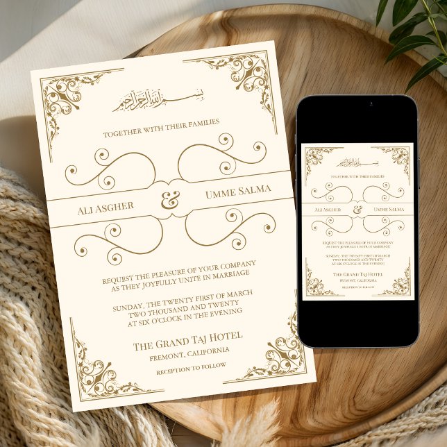 Invitación de boda musulmana de oro ornamentada en (Subido por el creador)