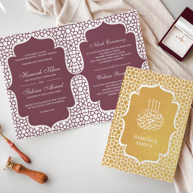 Invitación de boda musulmana rosa con papel de oro (Subido por el creador)