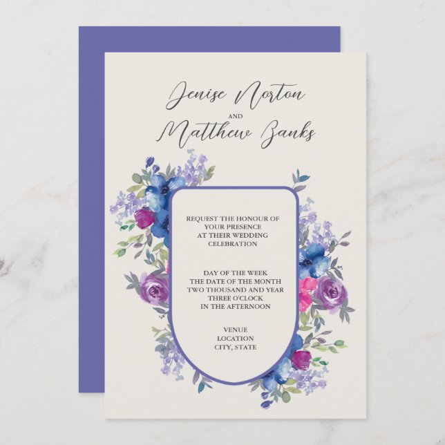 Invitación de boda Muy Periwinkle y Blanco Nieve (Anverso / Reverso)