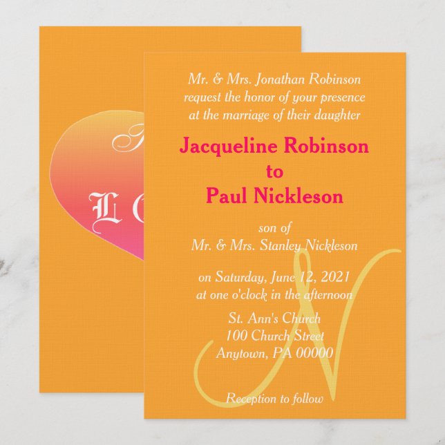 Invitación de Boda Naranja Frambuesa con Monograma (Anverso / Reverso)