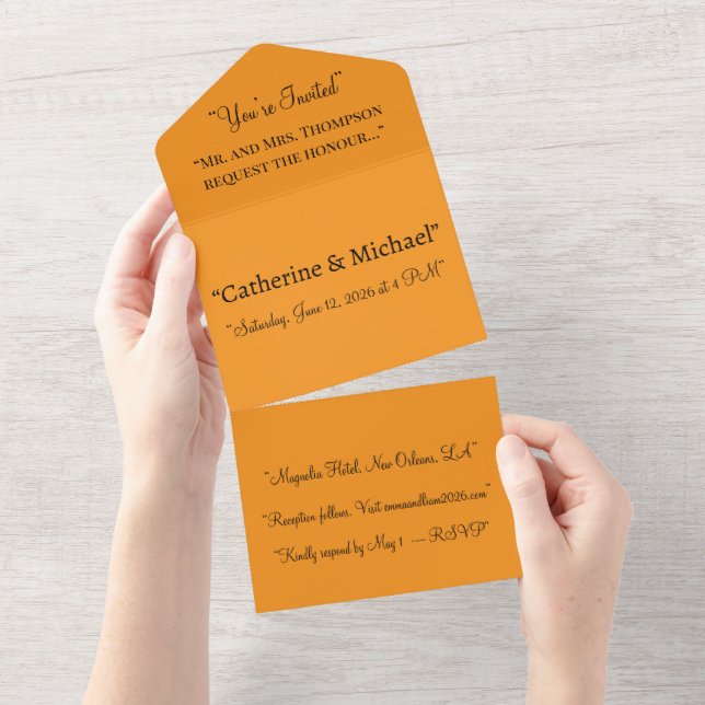 Invitación de boda naranja Todo en uno – Cálida (desgarro)
