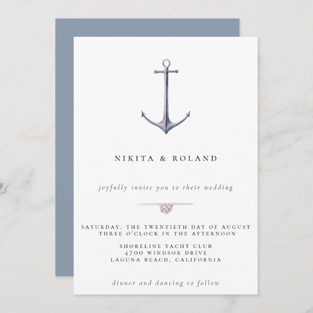 Invitación de boda náutica ancla acuarela (Anverso / Reverso)