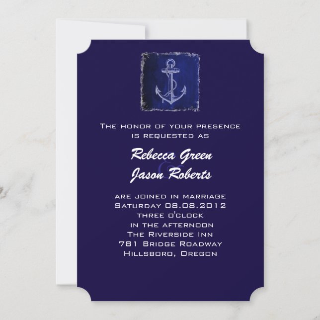invitación de boda náutica ancla azul rústica (Anverso)