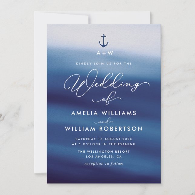 invitación de boda náutica azul marino (Anverso)