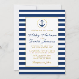Invitación de boda náutica azul rayas doradas