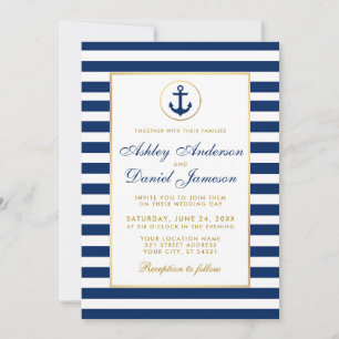 Invitación de boda náutica azul rayas doradas