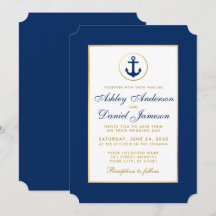 Invitación de boda náutica azul y dorado